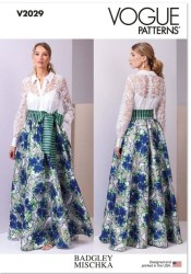 2029 Vogue Badgley Mischka Long Sleeve Lacy Bodice, Underslip, Maxi Flare Skirt Midriff Dress Pattern 18-26 New